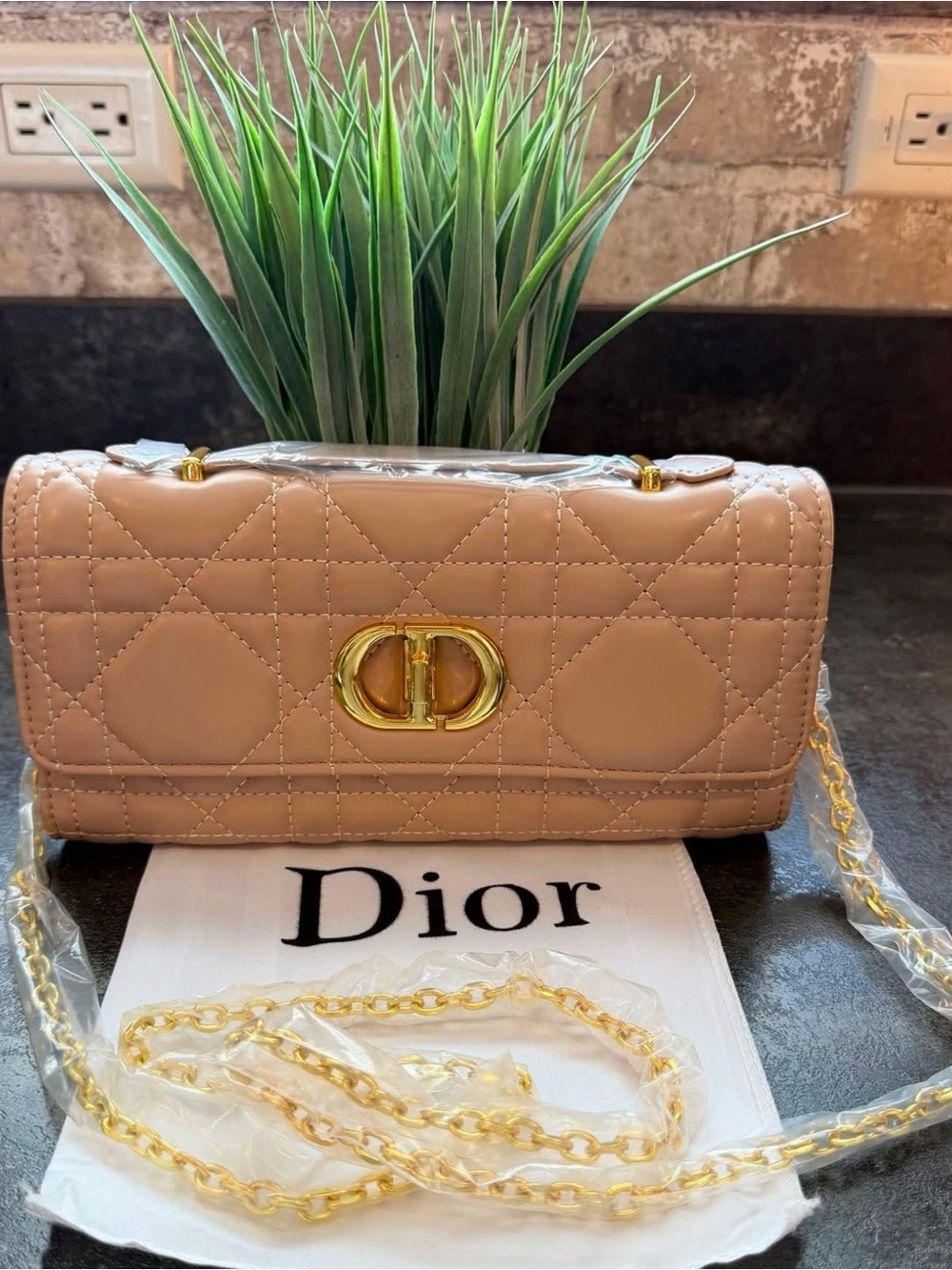 Christian Dior Tan Quilted Crossbody Bag with Gold Hardware